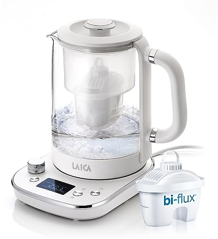 LAICA Glass Water Filter Kettle 3kW, Variable Temperature, 1L, (White) | Better-tasting hot drinks, temperature control, glass kettle, Bi-Flux tea & coffee filter, keep warm, BPA free