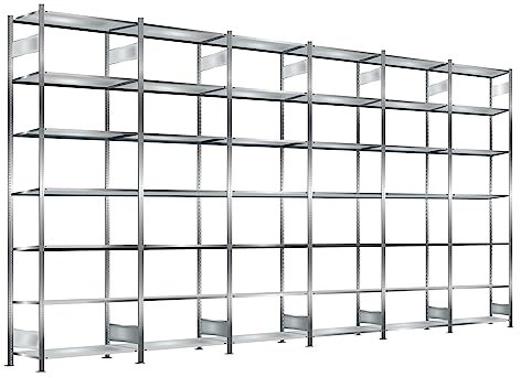 Steckregal, verzinkt, Breite 6 m, Höhe 3 m, Tiefe 0,6 m, 7 Böden, Fachlast 330 kg, beidseitig
