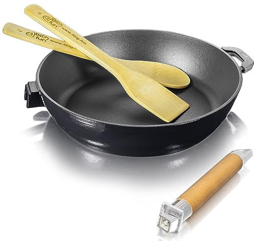 4BIG.fun Emaillierte Gusseisenpfanne 26 cm mit abnehmbarem Holzgriff, Pfannenwender und Kochlöffel Pfanne Gusseisen Gusseiserne Bratpfanne für Gasgrill, Feuerstelle und alle Herdarten inkl. Induktion