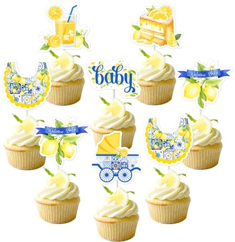 36 Pcs Lemon Baby Shower Cupcake Toppers - Blue Tile and Lemon Baby Shower Decorations, Double Sided Printing Lemonade Blue Cupcake Decor for Pregnancy Celebration Newborn Gender Reveal Party