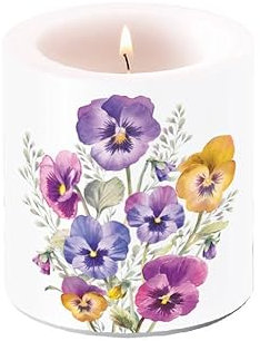 Ambiente Bougie pilier en cire - 9 cm de haut - Durée de combustion : environ 35 h - Fleurs - Printemps été - Jardin - Pensées - Série Pansies