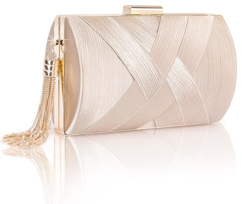 Larcenciel Bolso de Mano de Mujer, Bolsos de Fiesta Dorado de Satén Borlas con Cadena Desmontable, Lujoso y Elegante Bolso de Mujer Clutch Fiesta para Boda, Fiesta, Prom, Cocktail, 17×10×6.5CM