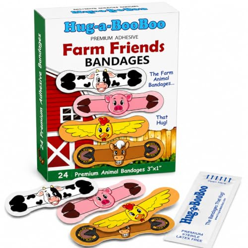 Farm Friends Hugging Farm Animal Adhesive Bandages from Hug-a-BooBoo, The Amazing Bandages that Hug! Super Fun Hugging Cow, Horse, Pig and Chicken! 24 Ct Box
