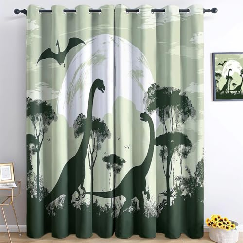Dinosaurier Vorhänge Kinderzimmer Grün - H166 x B150 cm (2er Set) - Blickdichte Verdunkelungsvorhänge mit Ösen - Dino & Wald Motiv Thermo Isoliert & Geräuschreduzierend Vorhänge für Babyzimmer