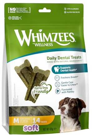 WHIMZEES Soft Stix, Größe M, 14 Stück, weichere Kaustangen für mittelgroße Hunde zur Zahnpflege, schonende Pflege, geeignet für alternde Hunde, ohne Zuckerzusatz, getreidefrei