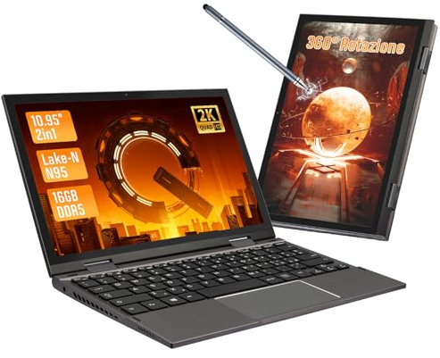 LONGEVINCE Mini Laptop,computer portatile ultra-sottile da 10,95 pollici con touchscreen,rotazione a 360°,Celeron N95, 2000x1200,16GB DDR5, layout tastiera italiana (Grigio, 16+256G SSD)