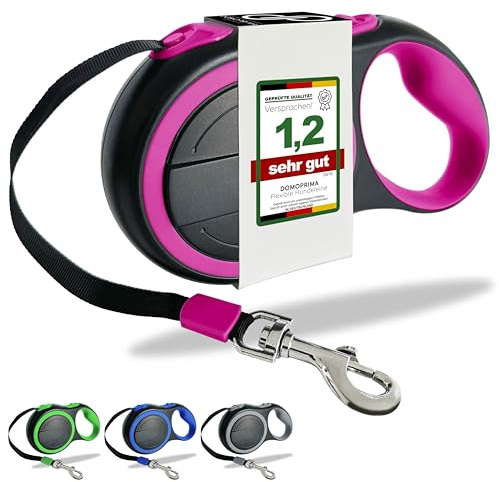 DOMOPRIMA® Flexible Freilaufleine 3 Meter in Pink, Größe S - Robuste Hundeleine für kleine Hunde – Rollleine in hochwertiger Qualität mit Reflektorgurt