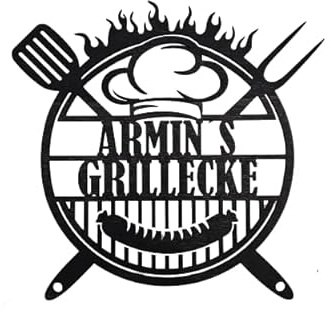 Generisch Personalisiertes Grillschild Grillecke BBQ Outdoorküche Dekoschild Grillen Wunschname Wand-Dekor Wanddekoration Vater Einweihungs Geschenk Wandschild (schwarz, 35cm x 35cm)
