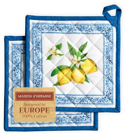 Maison d' Hermine Pot Holders Set 100% Cotton Heat Resistant Potholders 20 cm x 20 cm Hot Pads with Loop for BBQ Cooking Baking Handling Hot Pans Spring Summer (Pack of 2, Cedrat)