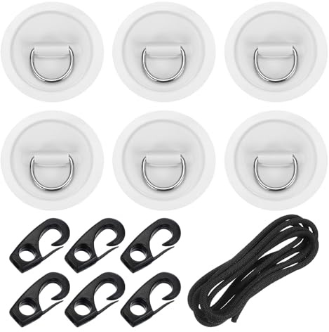 PATIKIL Parche De Anilla D, 6 Pcs Anilla D De Acero Inoxidable Parche De PVC Sin Pegamento Incluye Cuerdas Elásticas De 8.2 Pies Y Ganchos Paddle Board Canoa Tabla De Surf, Blanco
