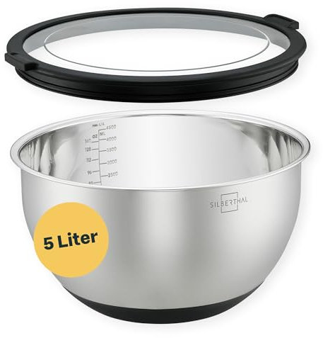 SILBERTHAL Edelstahl Schüssel mit Deckel - 5l Rührschüsseln zum Servieren, Kochen, Backen, Aufbewahren - Rutschfester Boden