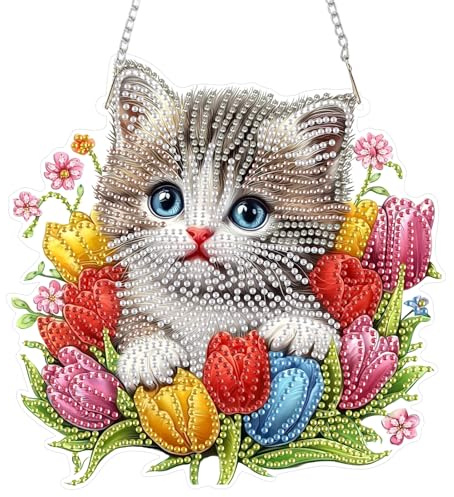 DOMROM Katze Diamond Art Painting Anhänger, Tulpe Diamond Painting Fensterbilder anhänger, Diamond Painting Hängende Ornament für Kinder Erwachsene Diamant Malerei Basteln Tür Wand Fenster Deko