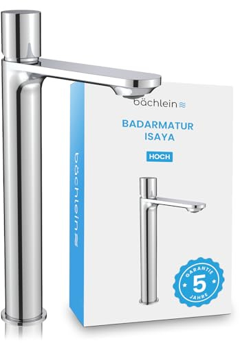 Bächlein Badarmatur Isaya hoch in modernem Design, extra hoher Einhebelmischer für Aufsatzwaschbecken mit Montage-Set, Bad Wasserhahn Chrom