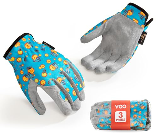 Vgo... 3 Paia Bambini Guanti Giardinaggio Età 3-9 | Traspirante| Gioco All'aperto, Ciclismo e Fai Da Te Guanti di Sicurezza, Lavabile in Macchina (3 Paia, taglia S, Blu, KID-MF7362)