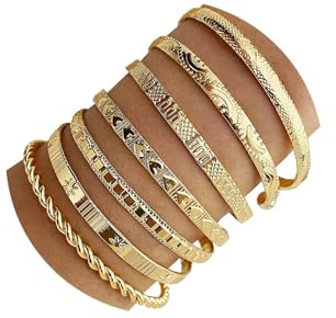 WATEFOER 7pcs Bracciali Rigido in Oro da Donna, 14K Multistrato Impilabile Indiano Bracciale Set Bracciali Aperto Regolabile, Minimalista Textured Boho Gioielli Regalo per Ragazze