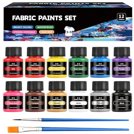 Colori per Tessuti Permanenti, 12 * 25ml Pittura per Tessuti Lavabile, Vernice per Tessuti, Fabric Paint Ideale per Dipingere Jeans, Magliette, Borse, Scarpe, Vestiti, Copertura Eccellente,2 Spazzola