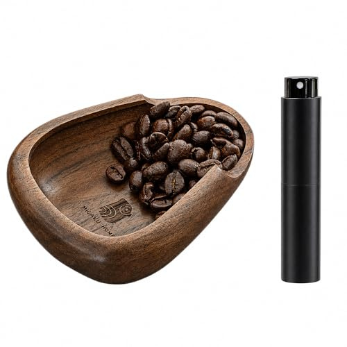 MIGAKU HOME Coffee Bean Dosing Cup & RDT Spray Bottle Set - Walnut Wood Espresso Accessories Kit with Static Reduction Spray, Measuring Tray for Coffee/Tea ﻿