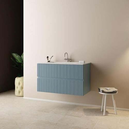 Mobo Mobile bagno sospeso senza specchio Modello Sophia, Larghezza 80 cm, con lavabo, chiusura Soft Close, Azzurro Polvere