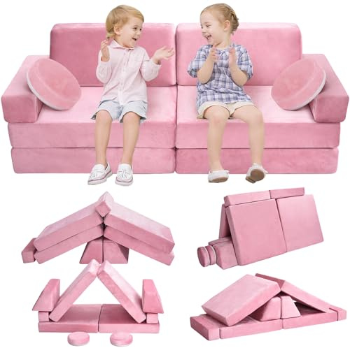 whiffee 10Pcs Kids Play Couch,Toddler Sofa,Modular Kids Couch for Playing, Creativing, Sleeping (Pink)