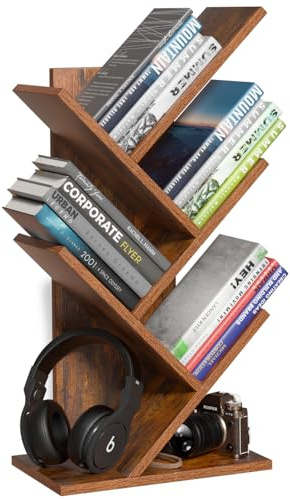 LELELINKY Bücherregal Baumform, Standregal 5 Ebenen Desktop für Bücher/CDs/Zeitschriften, DVD Bücherregal Holz, Bücher Regal für Wohnzimmer, Schlafzimmer und Heimbüro, Schwarz