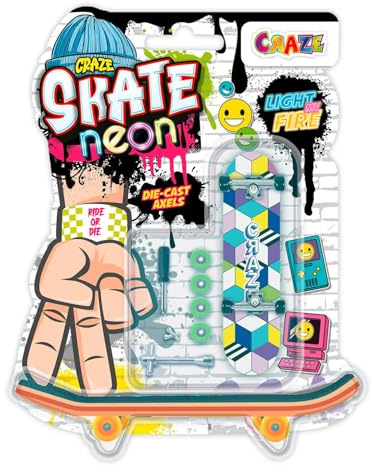 Craze Skate Fingerboard Set – Neon Edition | 4 leuchtende Mini-Skateboards mit Zubehör | Fingerboards für Kinder & Finger-Skater