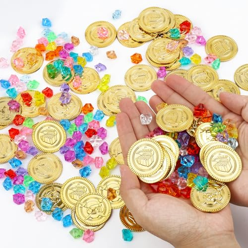 250 Stück Piratenschatz, Goldmünzen Set für Kinder Piraten Geburtstag | 50 Goldtale und 200 Edelsteine für Schatzkiste Kindergeburtstag