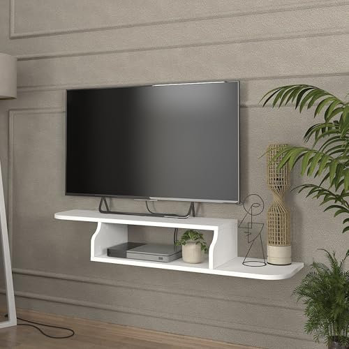 [en.casa] Mobile Porta TV da Parete con Ripiano e Scomparto Aperto Mensola Sospesa Vano Portaoggetti Stand Multimediale Fori Passacavi 120 x 30 x 19 cm - Bianco