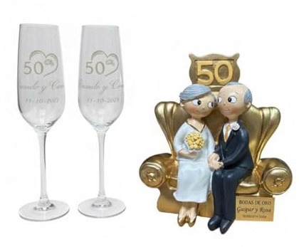Curia Grabador Set de Regalo 50 Aniversario Bodas de Oro, Figura Decorativa con Placa Personalizada y Copas Grabadas, Diseño Elegante en Dorado (Figura y copas)