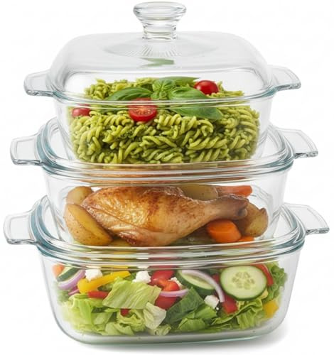 RDK Set of 3 Glass Casserole Oven Dishes with Lids, Borosilicate Glass, Freezer Microwave Safe, Scratch & Thermal Shock Resistant, Round & Square Baking Serving Set (Clear, Square 0.8/1.2/1.5 Litre)