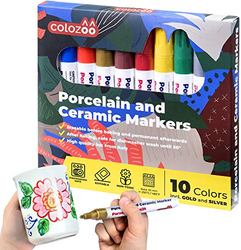 colozoo Pennarelli per Porcellana Resistenti in Lavastoviglie | 10 per Ceramica in Colori Brillanti incl. Argento e Oro