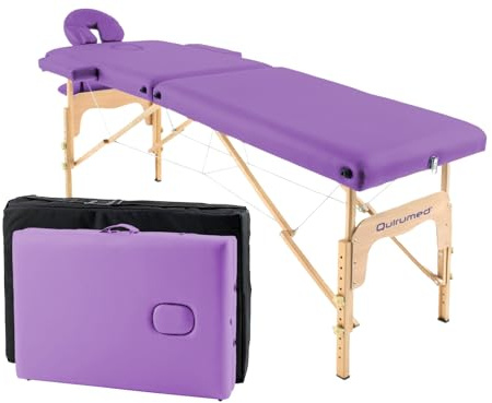 QUIRUMED Camilla de Masaje Plegable de Madera Easy, Color Morado, 182 x 60 cm, Polipiel, Portátil, Ligera Cabezal extraíble, Orificio Facial, Altura Regulable, hasta 120 kg