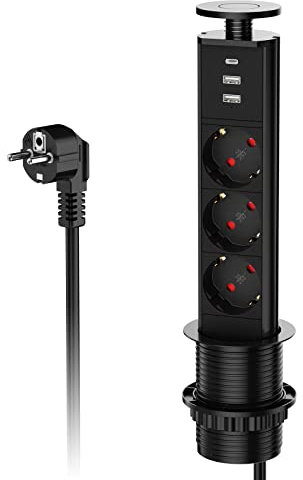 3 prese da tavolo a scomparsa con USB C, presa a scomparsa da cucina con 2 USB A, presa a scomparsa per piano di lavoro, 4000 W/16 A, Ø 60 mm,cavo da 1,8 m,Nero puro