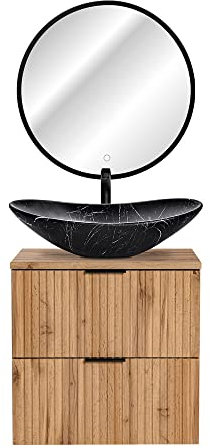 Lomadox Badezimmermöbel Badmöbel Gäste WC Bad Set, 60 cm Waschtisch-Unterschrank Wotaneiche mit 61,5 cm Keramik Waschbecken, LED-Spiegel mit Touch