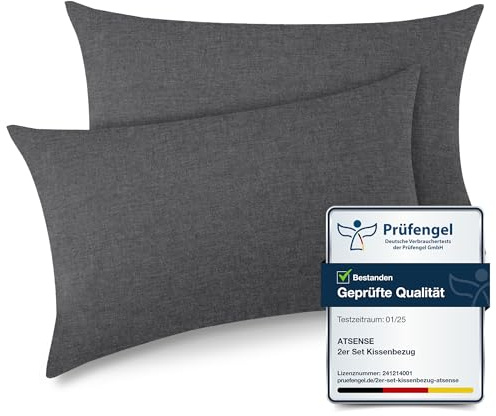 ATsense 2er Set Kissenbezug 50x70 cm - 100% Gewaschene Baumwolle, Dunkelgrau Kopfkissenbezug mit Reißverschluss, Oeko-TEX Zertifiziert Weich, Nicht Lleicht Verformbar