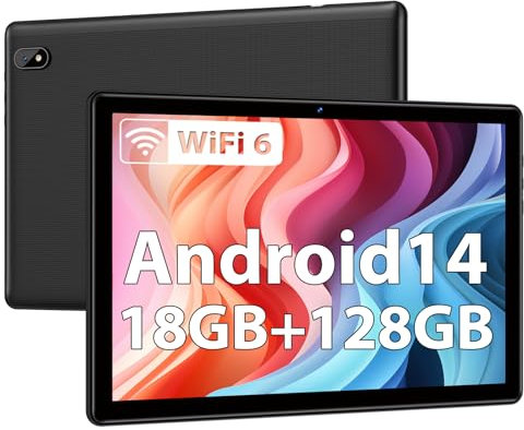 DMOAO Tablet 10 Pulgadas Android 14 con 5G Wi-Fi 6, HD Tablet con 18GB RAM + 128GB ROM (TF 1TB), Widevine L1, 8 Cores 2.0 GHz, Bluetooth 5.0, 1280 * 800 IPS, USB-C, 6000 mAh, Negro
