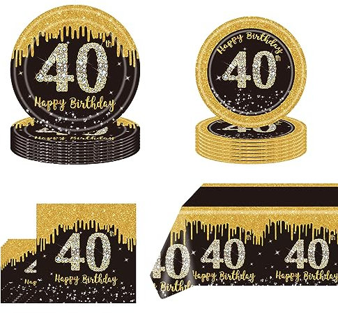 53 Pièces Ensemble De Vaisselle De Fête De 40e Anniversaire En Or Noir, Assiettes En Papier De Fête En Or Noir 40e, Nappe Et Serviettes Pour Hommes Femmes Cadeaux D'Anniversaire Fournitures De.Fête