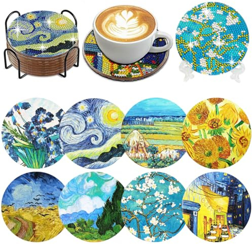 Muzagroo Art Van Gogh Diamond Painting Coasters Kit con Holder Coaster Art Kit per principianti Diamond Painting Kit per Adults Reducing Handicrafts Paint by Diamond 8 pezzi (Van Gogh)