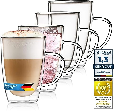 Dimono® Vaso de vidrio borosilicato de doble pared Vaso de agua Latte Macchiato Vaso largo para bebidas y cócteles (4 piezas Vaso con asa)
