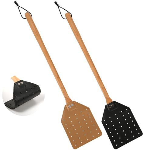 2stk Leder Fliegenklatsche, 49,5cm Lang Robust Fliegenklatsche Manuell mit Holzgriff Fliegenfänger für Drinnen und Draußen(Schwarz, Braun)