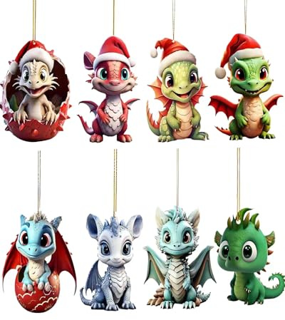 PILUZEAT Drachen Figuren Weihnachtsschmuck Anhänger für Weihnachtsbaum, Wreath, Tür, Fenster, Auto, Rick Spiegel - 2D Acryl Dekoration - 8 Stück