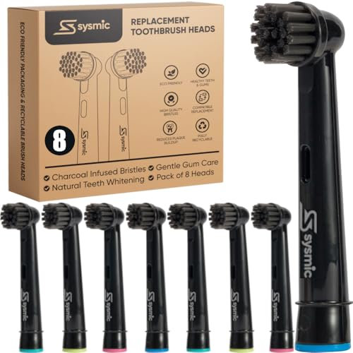SYSMIC Charcoal Toothbrush Heads - 8 Pack Eco Black Compatible with Oral B Electric Toothbrush Heads, Replacement Charcoal Infused Sustainable Friendly Power Clean Adult Tooth Brush Heads