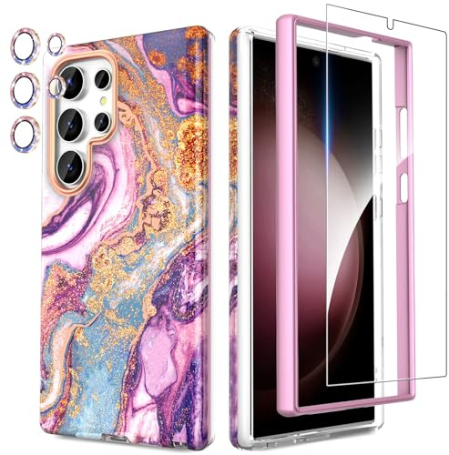 SHEDEER für Samsung S24 Ultra Hülle mit Glitzer Kameraschutz + Displayschutz, Galaxy S24 Ultra Hülle Schick Anti-Vergilbung Muster, TPU Stoßfest Kratzfest Handyhülle für S24 Ultra 6,8'', River Violett