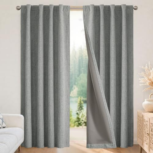Joydeco 100% Blickdichte Vorhänge mit Schlaufen Verdeckten Leinenoptik, Verdunkelungsvorhang Stangendurchzug Gardinen Thermovorhang Leinen Hitzeschutz für Wohnzimmer