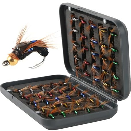 Fly Fishing Flies Kit, Dry Wet Fishing Flies 40/50/100pcs Handmade Fly Fishing Lures Assortment Kit Floating Baits for Bass Salmon Trout Streamers Nymphs with Free Tackle Box (50pcs-5 Types)