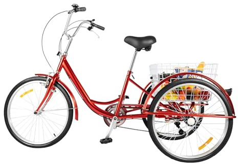 FunySF Trehjuling för vuxna, 24 tum, seniorcykel med 3 hjul, 6 växlar, vuxentrehjuling med korg och ljus (röd)