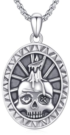CRWENG Totenkopf Halsketten für Männer Gothic Oval Halskette 925 Sterling Silber Anhänger Totenkopf Halskette Halloween Schmuck Geschenke