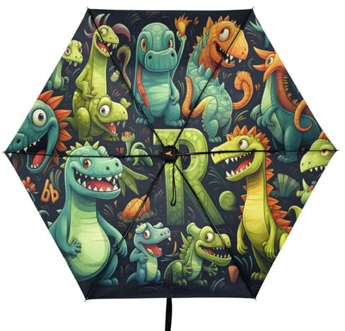 Linnyio Cartoon Kunst Wald Dinosaurier Taschenschirm, UV-Schutz, Kompakter Reiseschirm, Sonnenschutz für Jungen und Mädchen