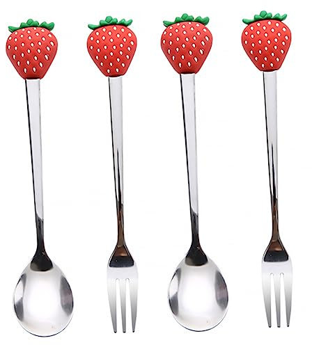 MOLUCKFU 4stücke Teiliges Edelstahl Obstbesteck Mit Erdbeer-design Kreative Essgabel Und Löffel Rostfrei Charmant Geformt Für Kuchen Früchte Und Dessert Praktisches Küchen Tischzubehör
