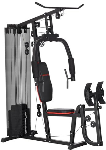 SPORTNOW Kraftstation, Multifunktionale Fitnessstation mit Latzug- & Butterflystange, Beinpresse, Fitnessgerät mit 45 kg Gewichtsblöcken für Zuhause, Schwarz