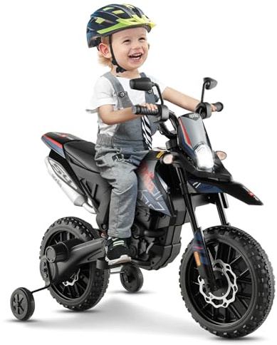 GYMAX Moto Elettrica 12V, Moto per Bambini con 2 Ruote di Supporto, Faro, Musica per Bambini 3-8 Anni, Veicolo per Bambini con Doppio Motore e Ammortizzatori, 5,5-6 km/h (Nero-Blu)